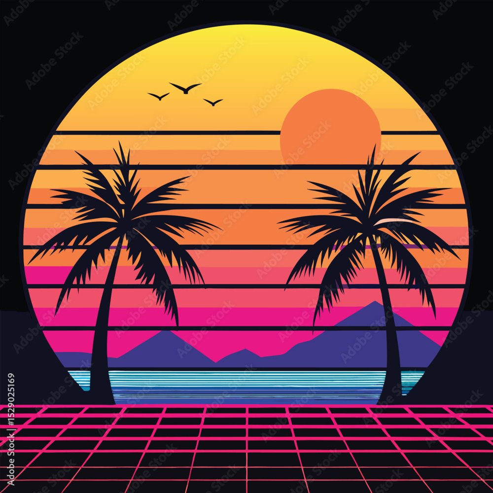 Naklejka premium retro Tropical Sunset Beach Scene with Palm Trees and Silhouette Fisherman