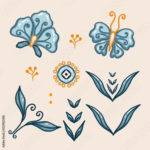 Set Of Handdrawing Texture Floral Orchid With Butterfly For Decoration Wedding Art Birthday Etc