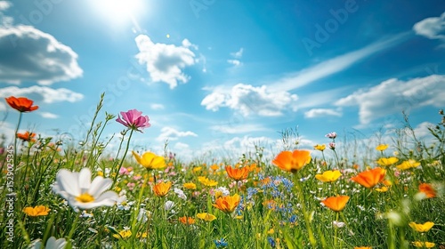 Blue Sky Above a Tranquil Meadow with Flowers 