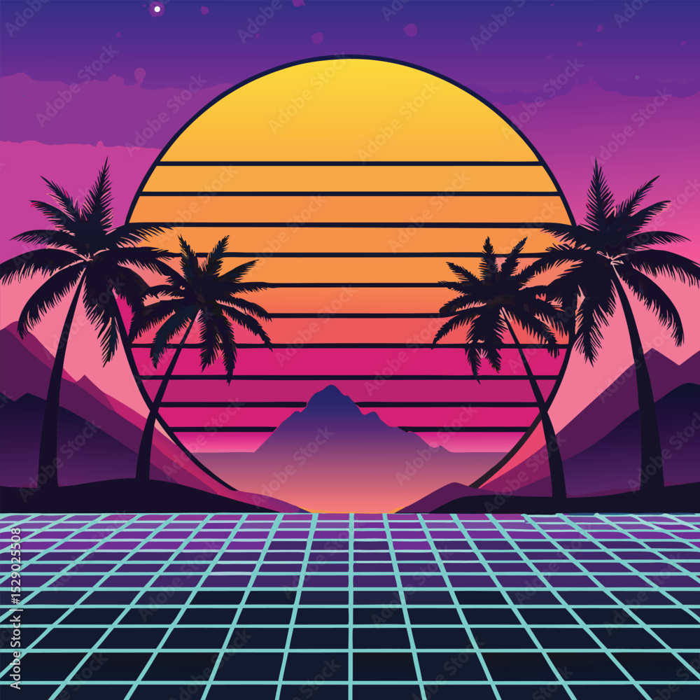 Naklejka premium Tropical Sunset Beach Scene with Palm Trees and Silhouette Fisherman