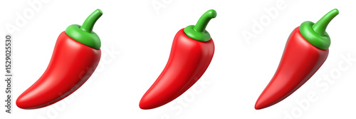 Set For Three glossy red chili peppers isolated on transparent background