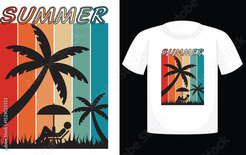 Summer T-shirt, summer, vector, sun, design, beach, sea, horizontal, palm tree, fun, retro, travel, sunlight, t-shirt, vintage, sunset