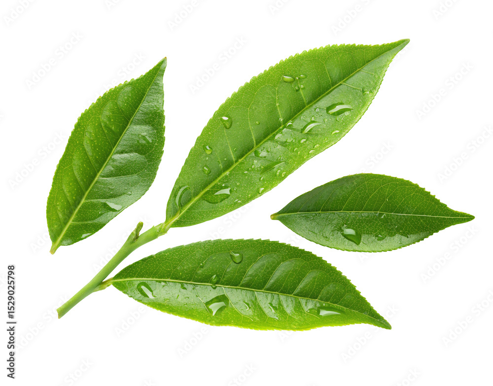 Fototapeta premium Fresh green tea leaves with water droplets for healthy drinks and herbal remedies stock photo image