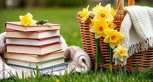 Spring picnic with books and daffodils