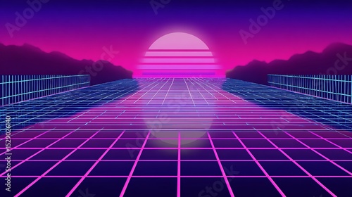 Retro synthwave sunset on digital grid
