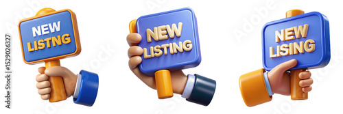 Set For Cartoon hands holding new listing signs isolated on transparent background