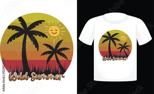 Wild Summer T-shirt, summer, vector, sun, design, beach, sea, horizontal, palm tree, fun, retro, travel, sunlight, t-shirt, vintage, sunset