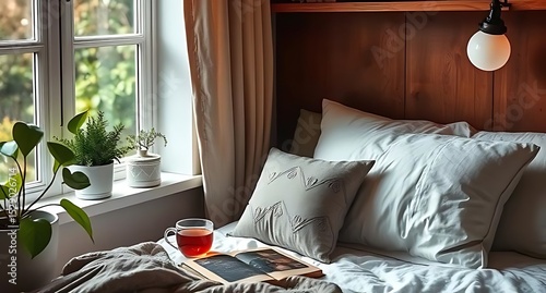 Cozy autumn bedroom with tea and book by window