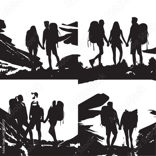 Hiking Couple Silhouette Vector Outdoor Trekking and Adventure Scene