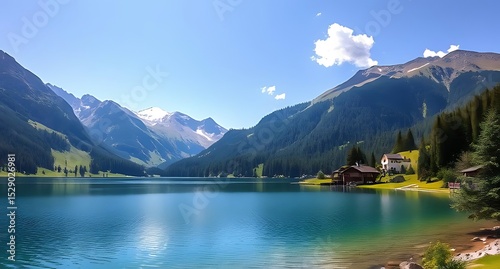 Serene mountain lake landscape with alpine houses