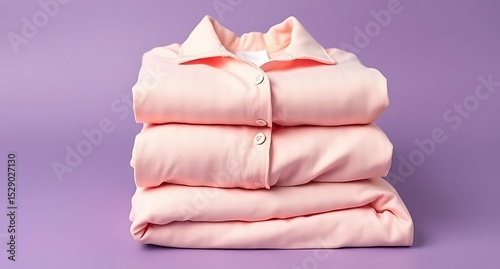 Stack of folded peach colored pajama shirts
