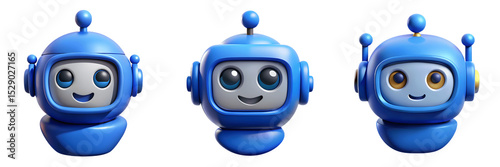 Set For Three blue cartoon robots isolated on transparent background