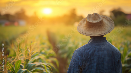 Traditional Thai farmer harvesting corn in a field.