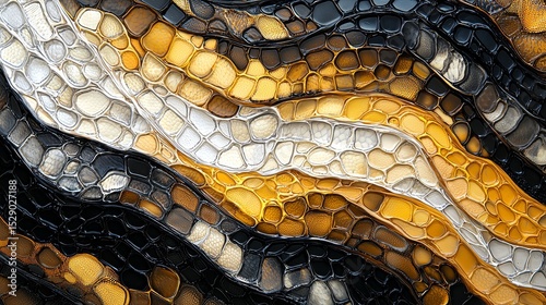 Close-up of ball python skin pattern with intricate brown, black, yellow, and white scales, detailed organic snake texture for fabric or wallpaper design photo