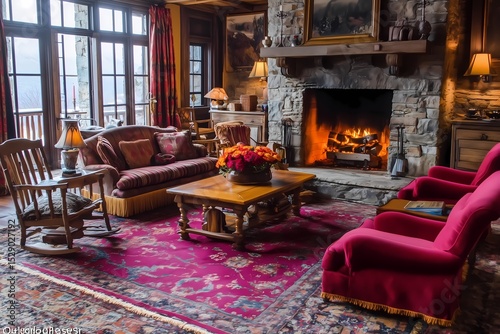 Wallpaper Mural Cozy rustic cabin living room with stone fireplace, plush armchairs, wooden furniture, and woolen throws Torontodigital.ca