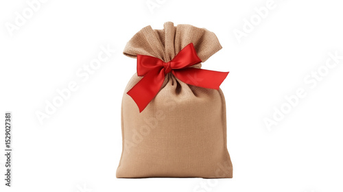 A small burlap sack tied with a bright red ribbon on a black background