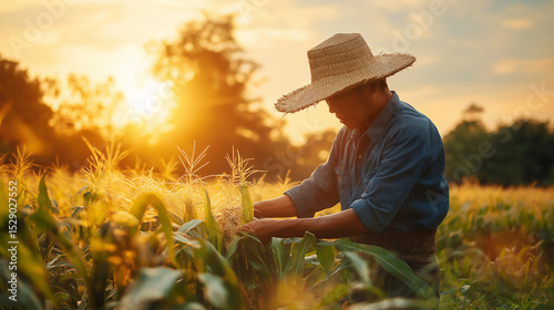 Traditional Thai farmer harvesting corn in a field.