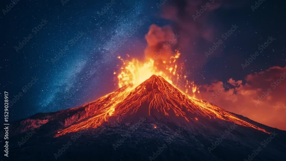 Spectacular volcano eruption under a vibrant night sky with lava flows ...