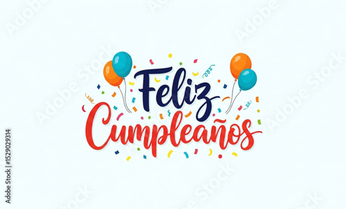 Feliz Cumpleaños Text with Balloons and Confetti | Colorful Spanish Birthday Greeting Card Design for Celebrations, Social Media, and Party Invitations