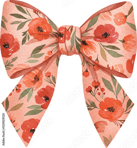 Watercolor Floral Ribbon Decoration With Red Flowers Decorative Element, Watercolor Coquette
