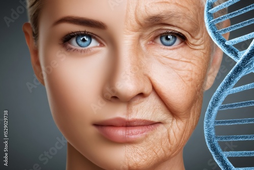 Woman aging, young and old face morphing comparing aging process with dna