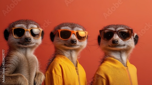 Three stylish meerkats sporting vibrant sunglasses against a bold orange background, showcasing a fun and playful vibe that radiates personality and charm.