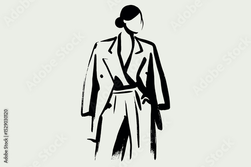 Woman in oversized suit, black brush sketch vector illustration