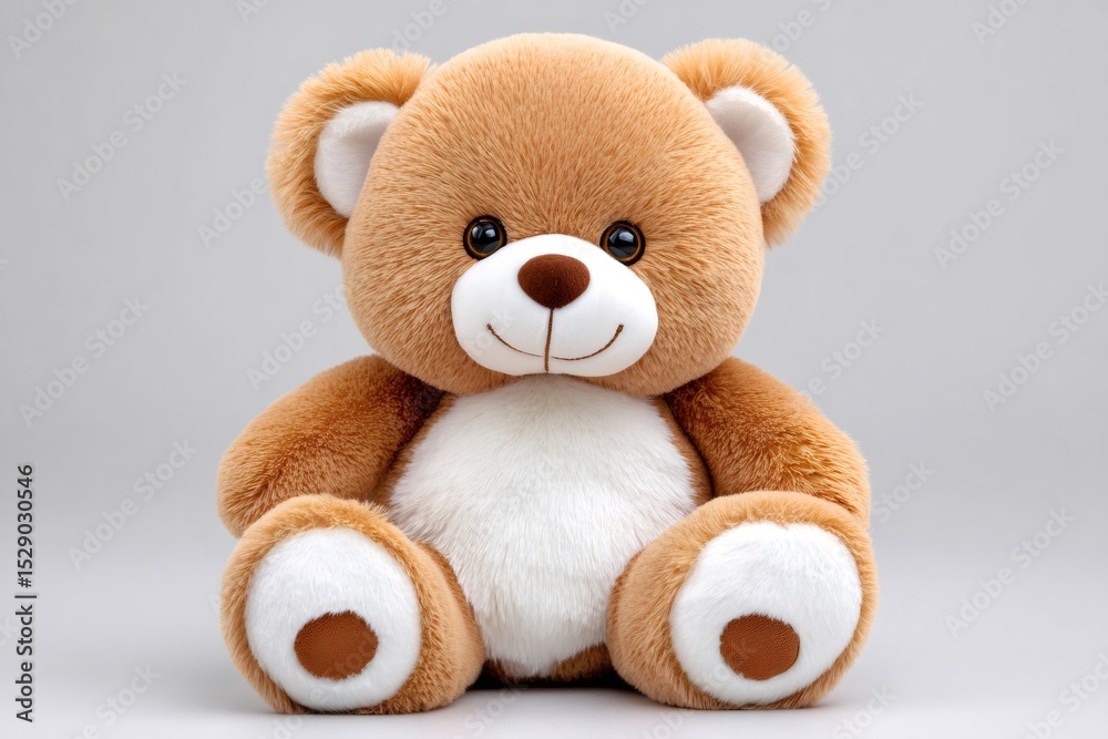 Obraz premium Smiling teddy bear sitting on gray background