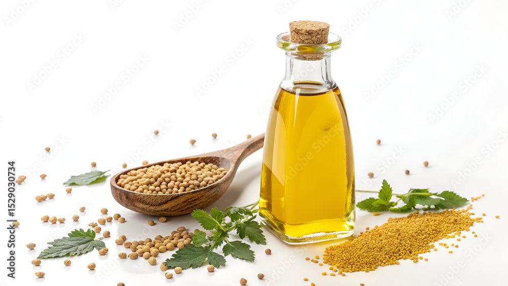 Mustard oil on white background Mustard oil on white background