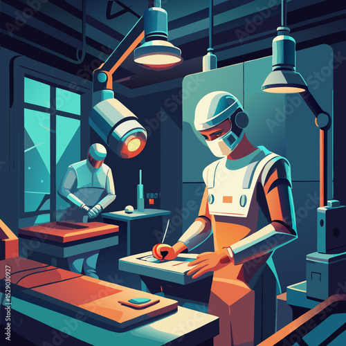 Futuristic vector illustration of robots assembling products in a high-tech factory with glowing lights created for automation and smart industry-themed materials