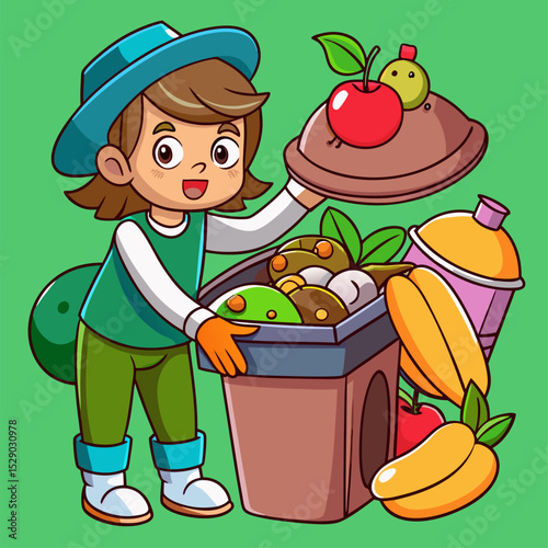 Cute vector illustration of child putting food waste into compost bin surrounded by fruits designed for zero waste education and children environmental graphics