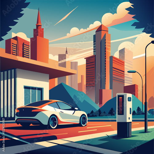 Futuristic vector illustration of electric car charging at modern station with city skyline in background designed for smart mobility and clean energy education