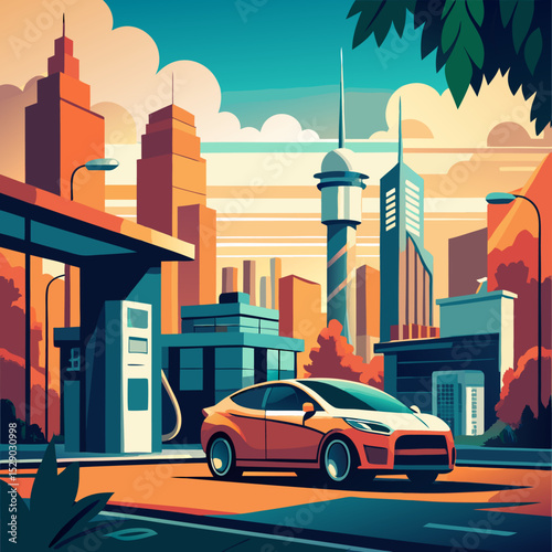 Futuristic vector illustration of electric car parked in front of city skyline at sunset with clean road and charging station for sustainable mobility campaigns