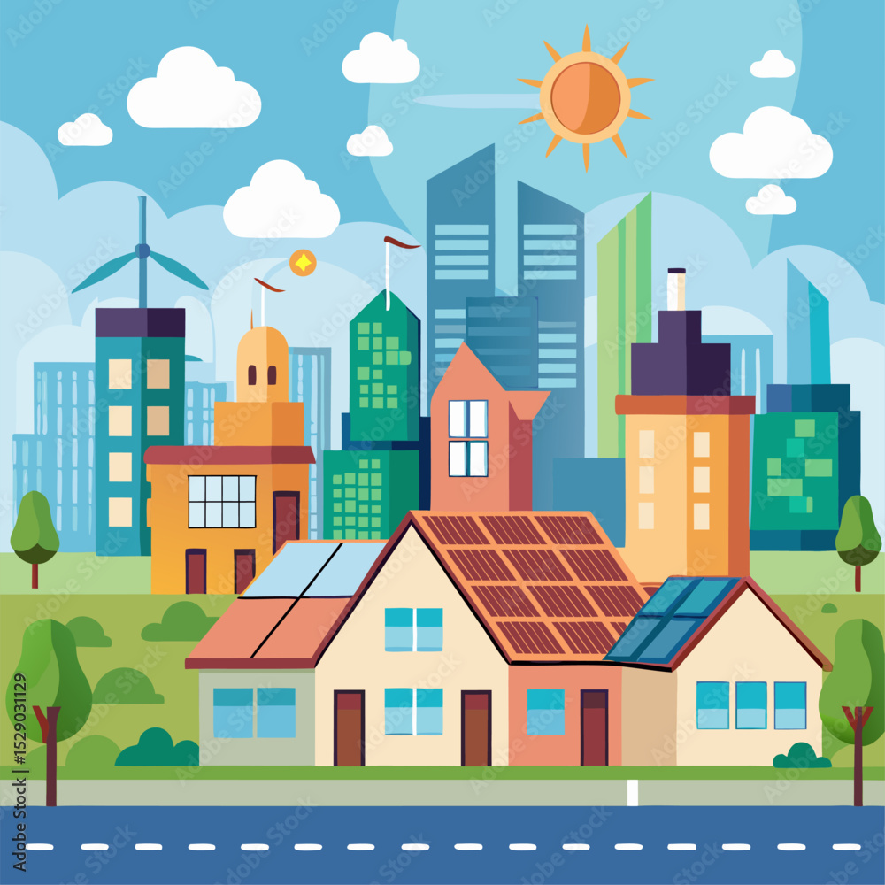 Naklejka premium Clean vector illustration of eco-friendly neighborhood with solar-powered homes and wind turbines created for sustainable urban development and smart energy themes