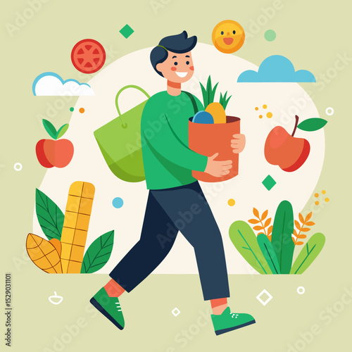 Cute vector illustration of happy person surrounded by floating vegetables and fruits created for healthy eating and natural food cartoon health campaigns