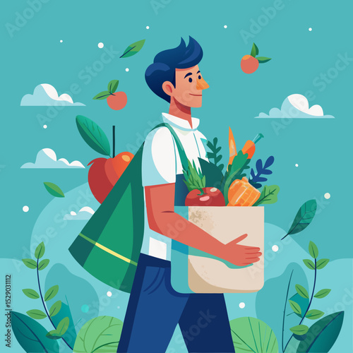 Cartoon vector illustration of young person walking with vegetables and reusable bag through abstract plants background for eco shopping and health awareness themes
