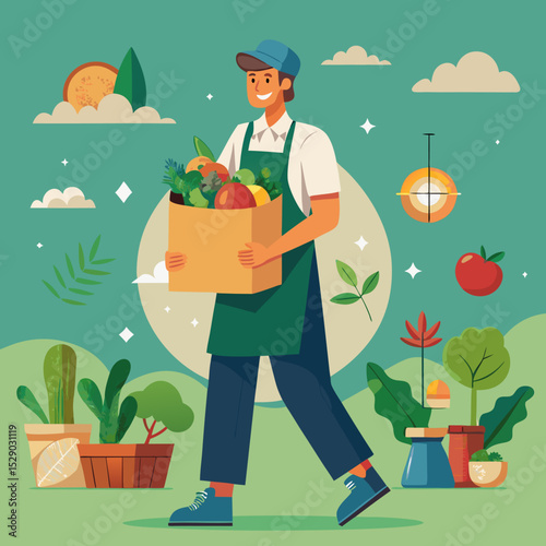 Clean vector illustration of person walking with eco groceries surrounded by plants and green environment created for sustainable lifestyle and organic food topics
