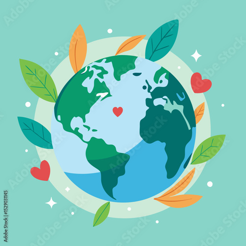 Colorful vector illustration of Earth surrounded by leaves and hearts in modern flat style designed for environmental care