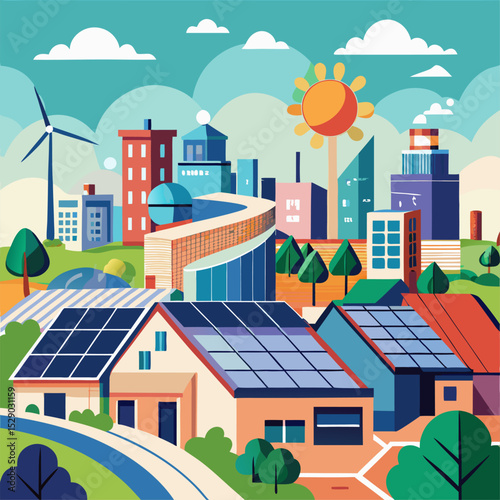 Vector illustration of modern eco city with solar panel homes