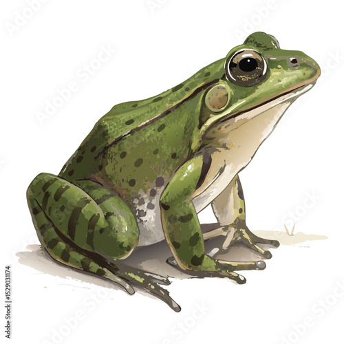 The modern illustration shows an isolated white background with a cute cartoon frog
