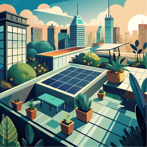 Modern vector illustration of rooftop garden with solar energy setup in city surrounded by skyscrapers designed for urban sustainability and clean energy visuals