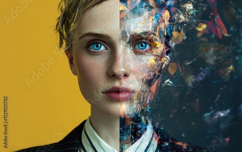 Abstract portrait of a woman, half face is realistic, half is a digital art collage of leaves and technology elements. Ideal for websites, advertising, and social media.