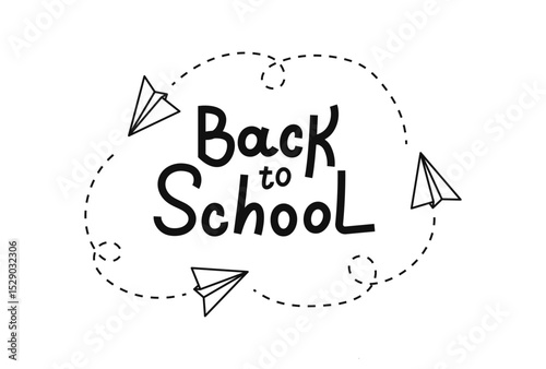 Back to school typography template, poster, greeting card with a paper plane vector illustration. Hand drawn lettering in black color. Text banner