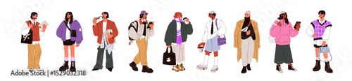 Fashion street style outfits on modern women. Trendy stylish casual clothes, urban looks set. Young female, girls wearing apparel and accessories. Flat vector illustration isolated on white background