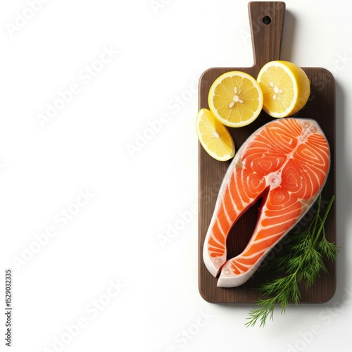 Healthy eating concept with a fresh raw salmon steak, a great source of omega-3, with lemon and dill ingredients
