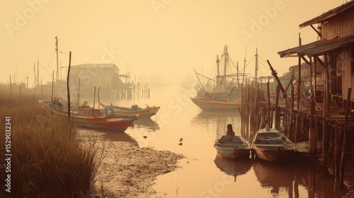 Hazy summer sun in a rural fishing village, small boats docked, warm tones filtering through humid air, quiet and nostalgic mood with hints of local life