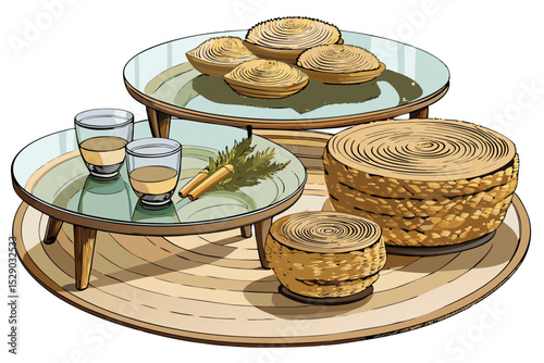 vector of A round glass coffee table with a woven jute base, jute coasters arranged on the table and small woven baskets creates a natural and stylish look against a transparent background.
