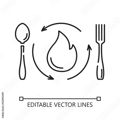 Food to energy linear icon. Fork, spoon, flame in circle. Metabolism or digestion concept.