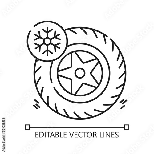 Winter tire line icon. Winter tire icon with a snowflake represents road safety in snowy conditions. Suitable for winter carrelated designs and safety materials. Animated outline icon