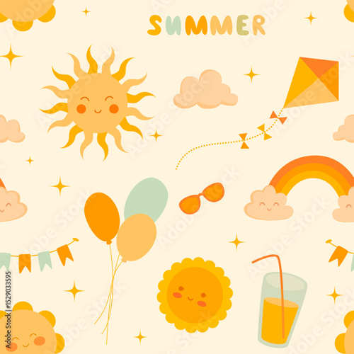 A cheerful pattern with a summer infusion. Smiling sun, clouds, balloons, kite, rainbow, sunglasses. Suitable for summer textiles, beach covers, towels, gift wrapping, children's clothing